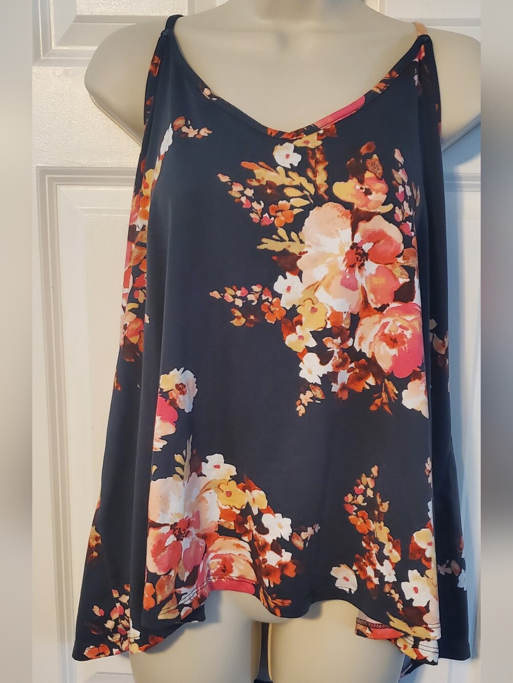 Dark Grey Floral Tank Top with Coral, Pink and Yellow Blooms